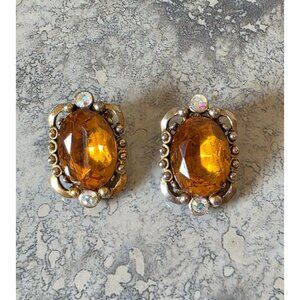 Czech Glass AB Rhinestone Topaz Clip-On Earrings Antique